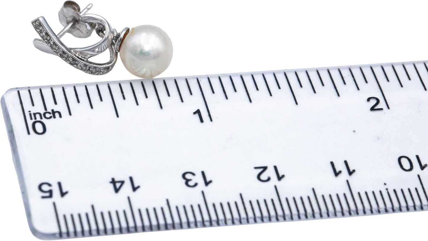 14k White Gold Diamond and Pearl Drop Dangle Earrings 0.15CT