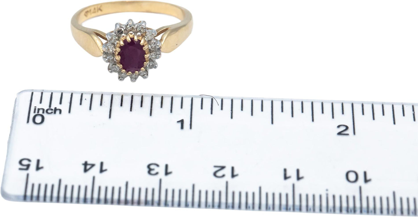 Oval Ruby and Round Diamond 14k Yellow Gold Halo Cocktail Ring Size 7.75