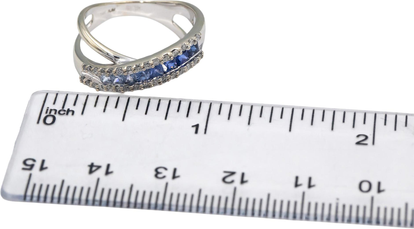 Diamond & Blue Sapphire 14k White Gold Crossover Band Ring 0.90CT Size 6.75