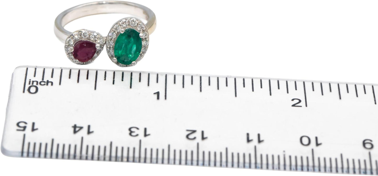 Diamond Emerald Ruby 18k White Gold Double Halo Ring 1.25CT Size 6