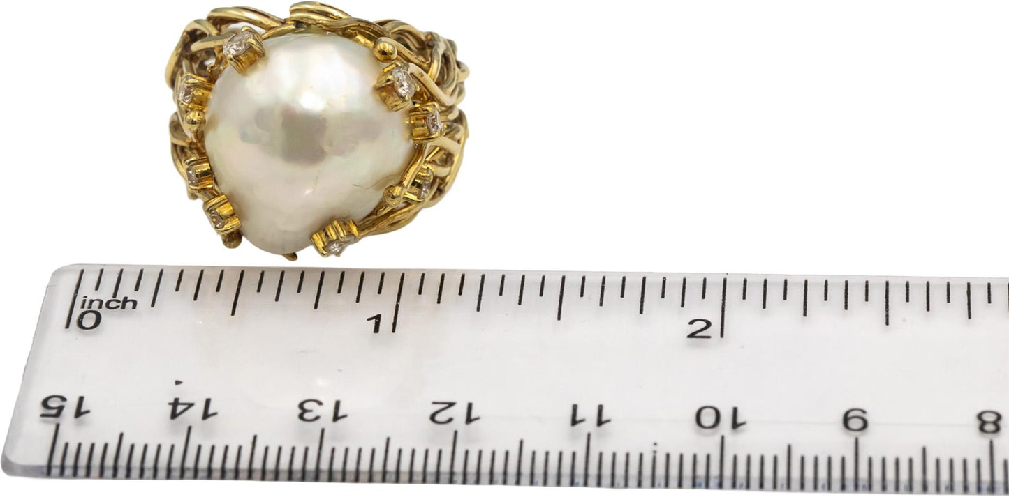 14k Yellow Gold VS Round Diamond & 16mm Pearl Cocktail Ring 0.50CT Size 7.5
