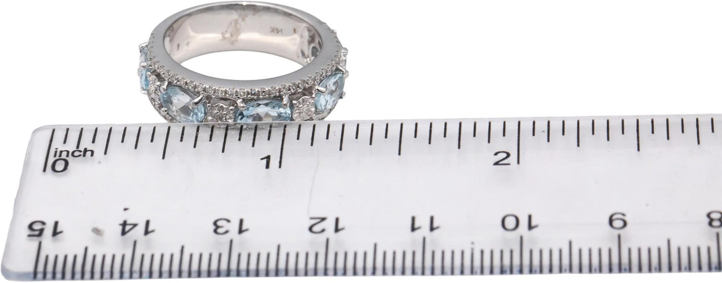 14k White Gold Oval Aquamarine & Round Diamond Band Ring 1.45CT Size 7