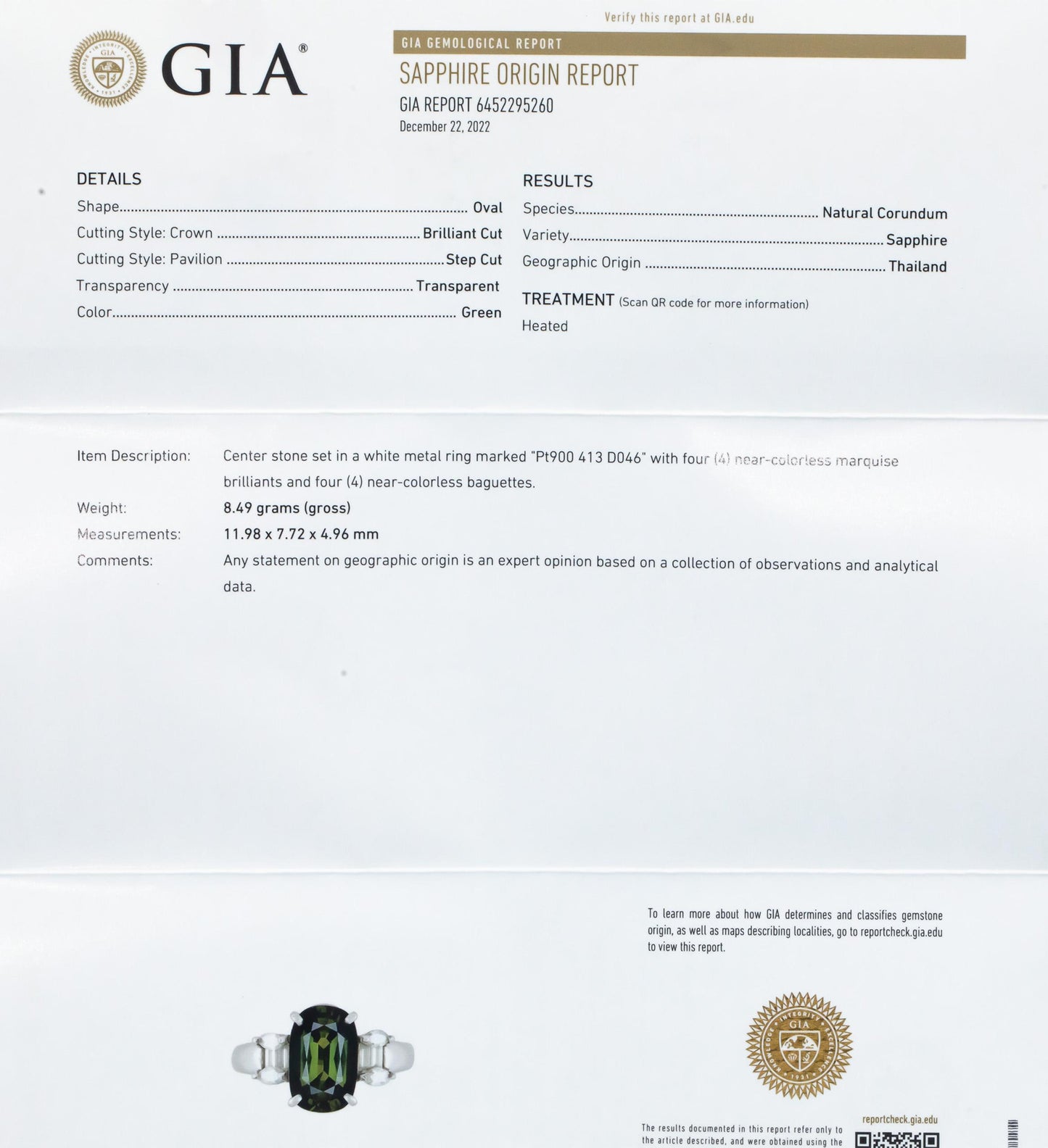 GIA Certified Platinum Diamond & Green Sapphire Cocktail Ring 4.59CT Size 6.75
