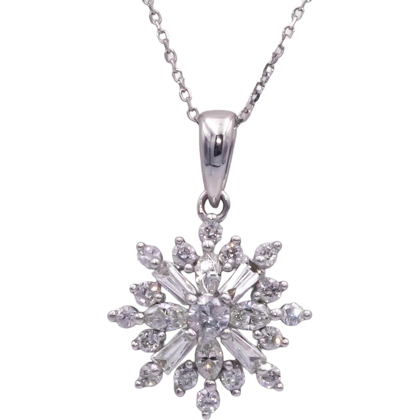 10k White Gold 0.50CT Baguette and Round Cut Diamond Starburst Pendant Necklace