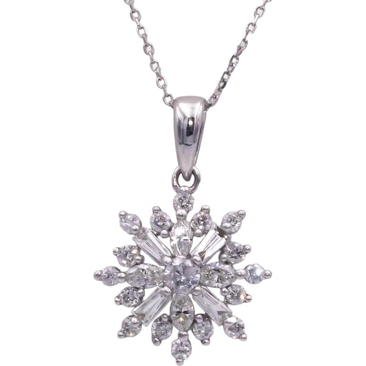 10k White Gold 0.50CT Baguette and Round Cut Diamond Starburst Pendant Necklace