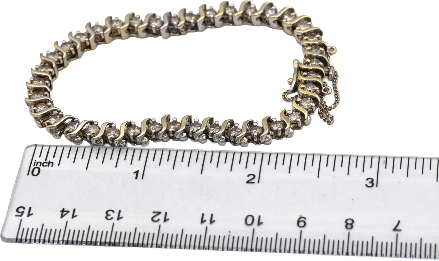 14k White and Yellow Gold S-Link Formal Diamond Tennis Bracelet 6.0CT