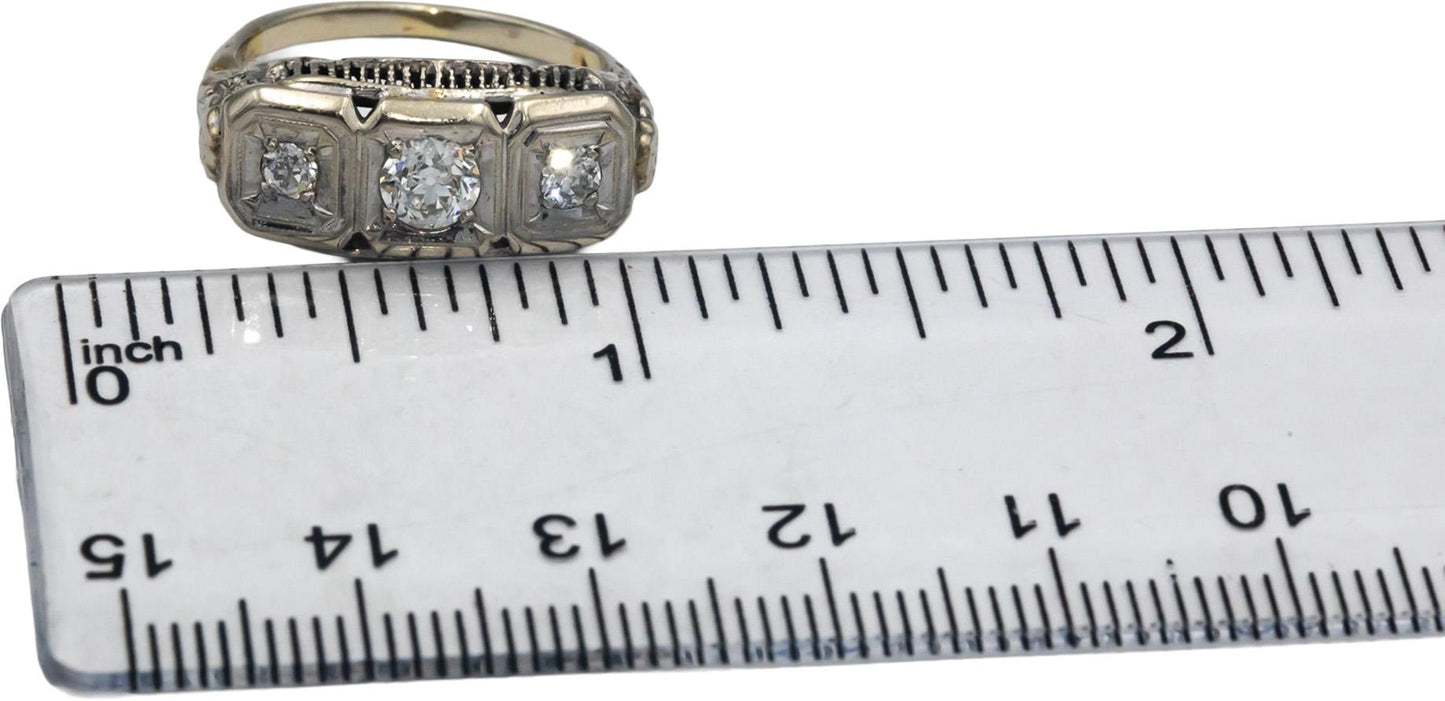 Vintage Antique 10k White Gold Diamond Filigree Ring 0.35CT w/ 0.25 Center