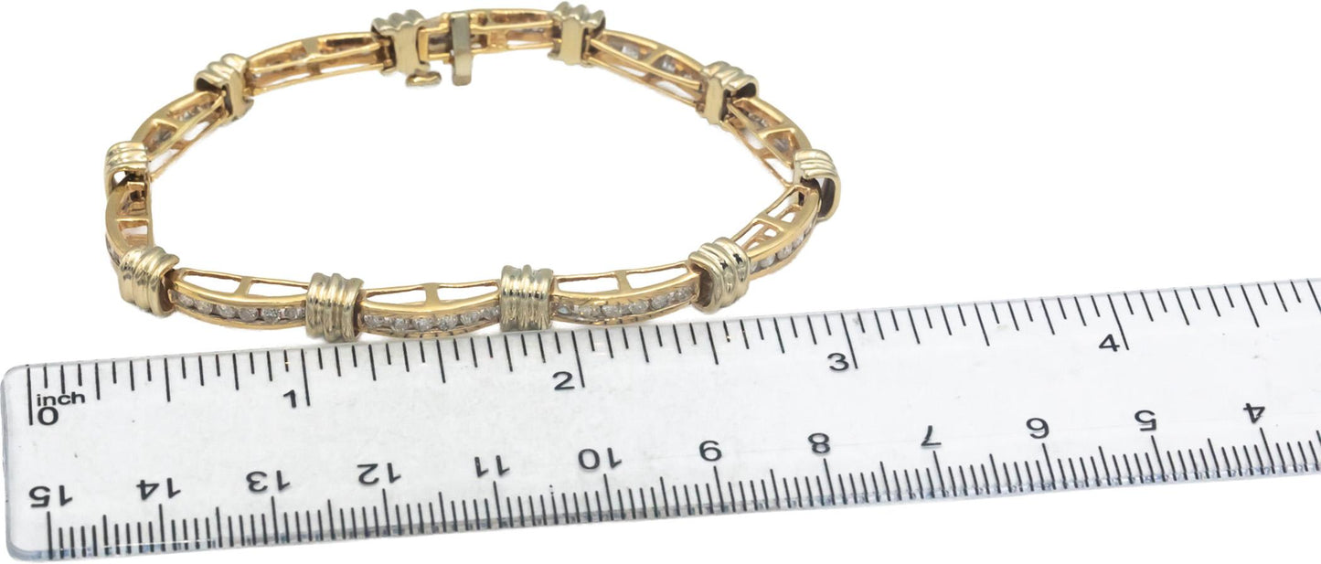 14k Yellow Gold Round Channel Set Diamond Fancy Link Bracelet 1.85CT