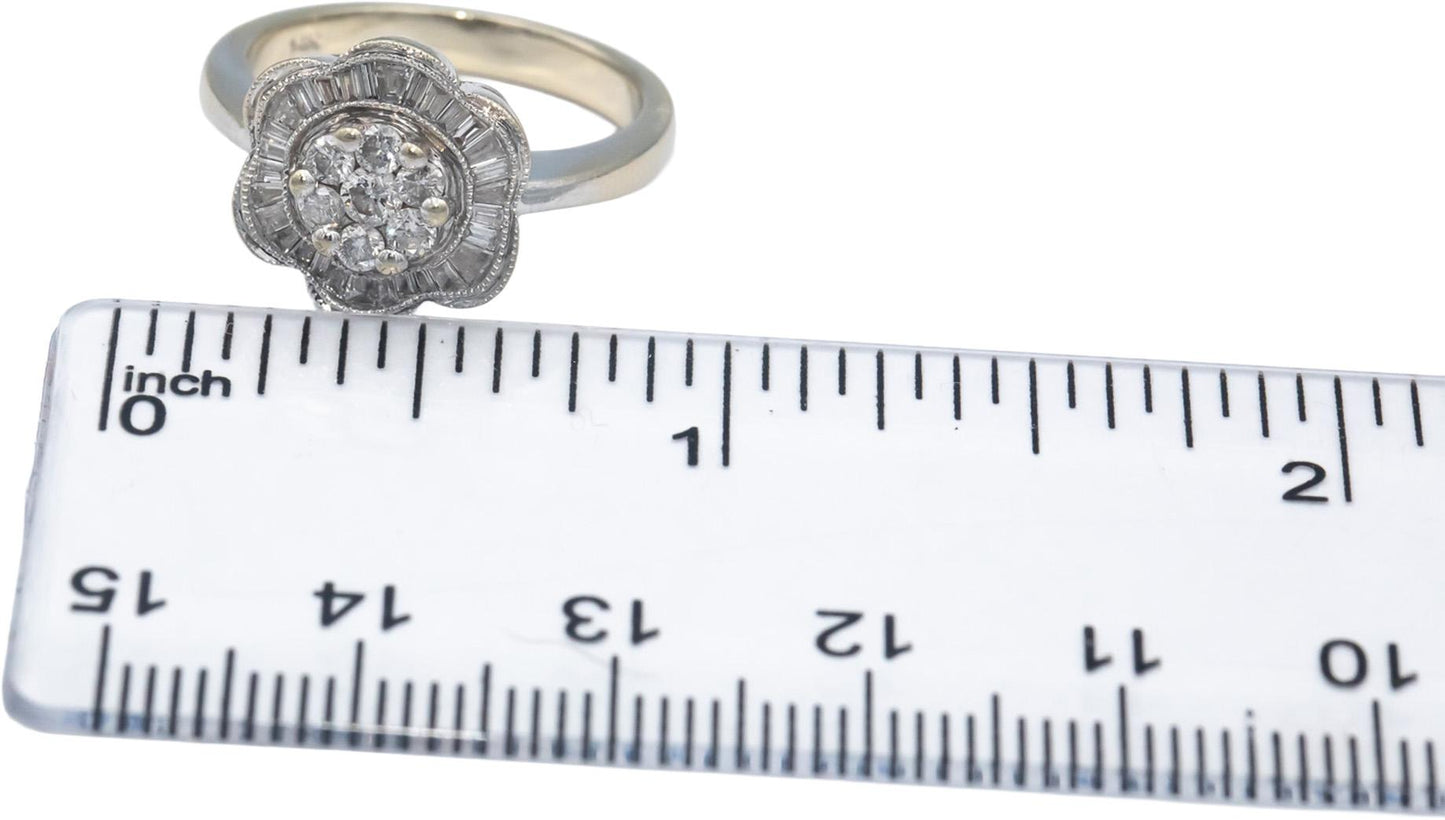 14k White Gold 0.50CT Round and Baguette Cut Diamond Floral Ring Size 6