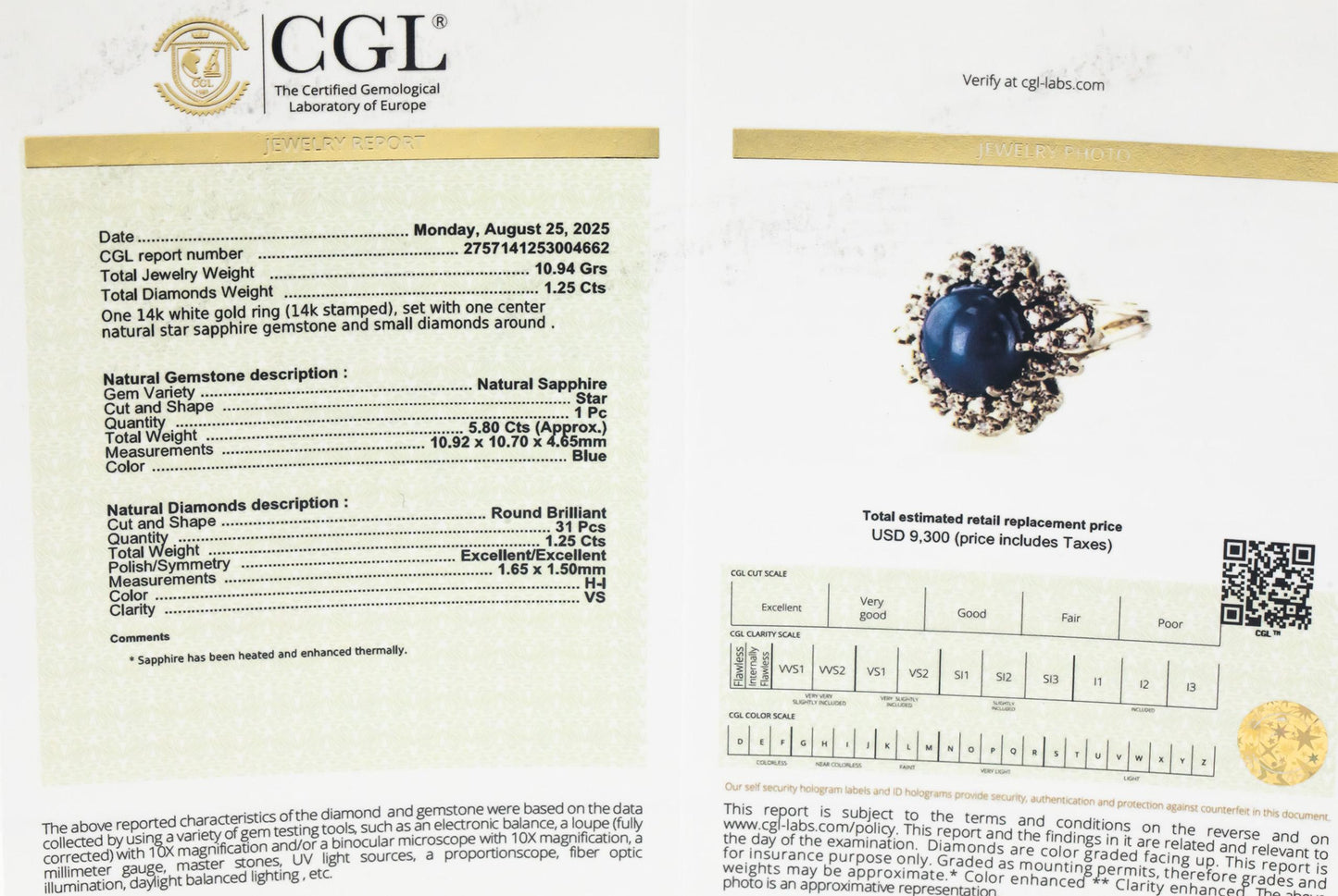 CGL Certified 14k White Gold Diamond & Star Sapphire Cocktail Ring 7.05CT Size 6