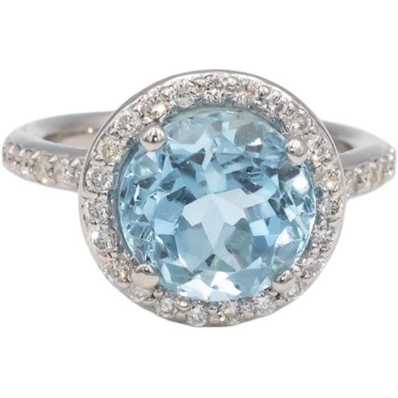 Aquamarine & Diamond 14k White Gold Halo Cocktail Ring 4.65CT Size 6.5
