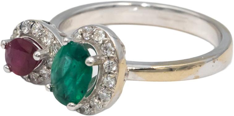 Diamond Emerald Ruby 18k White Gold Double Halo Ring 1.25CT Size 6