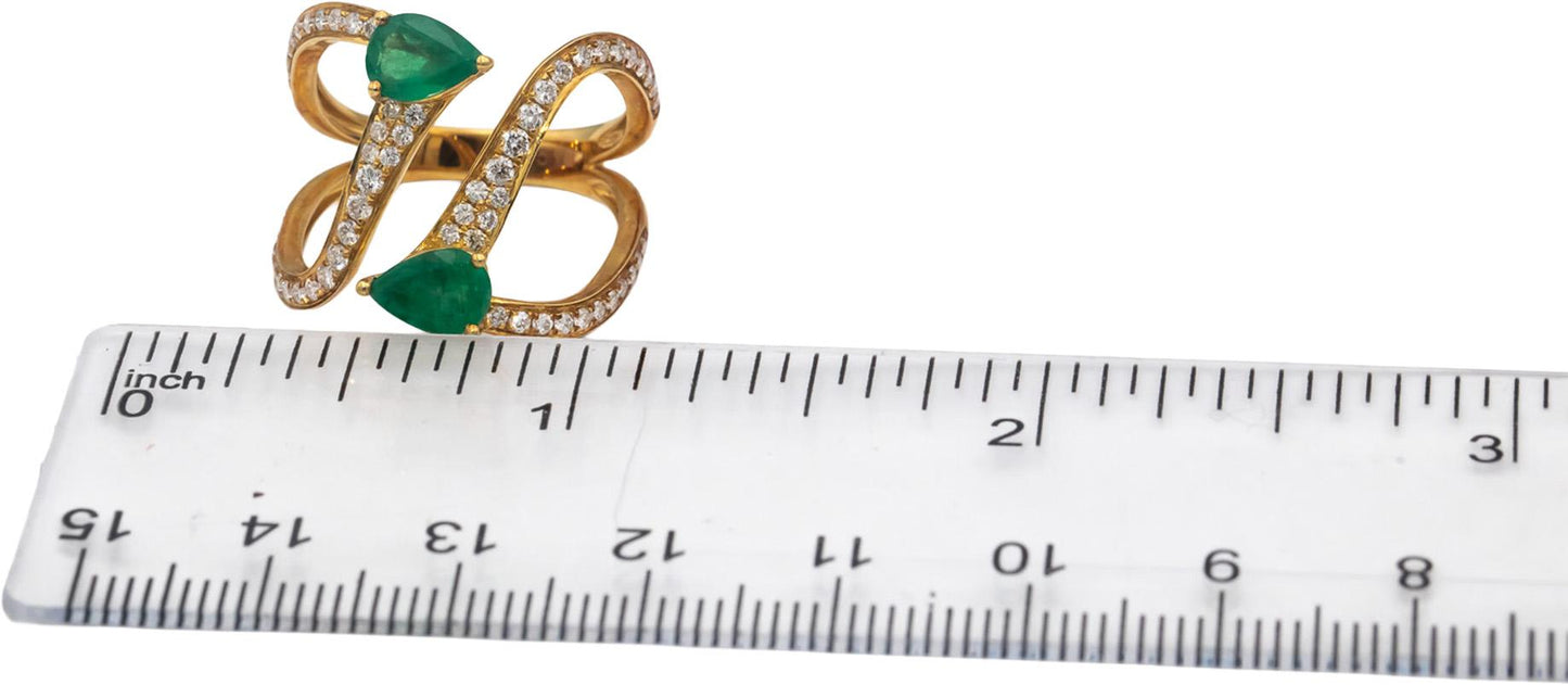 18k Yellow Gold Pear Cut Emerald VS Round Diamond By Pass Ring 1.50CT Size 7.25