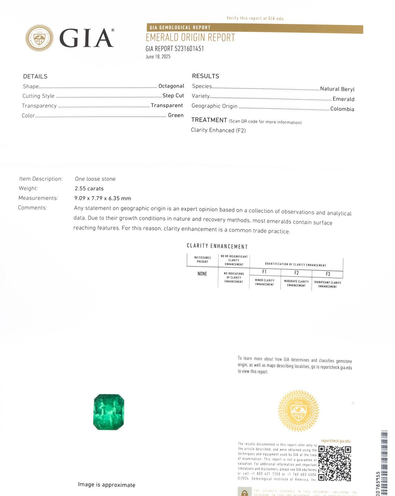 GIA Certified Octagon Cut Natural Colombian Emerald Loose Gemstone 2.55CT