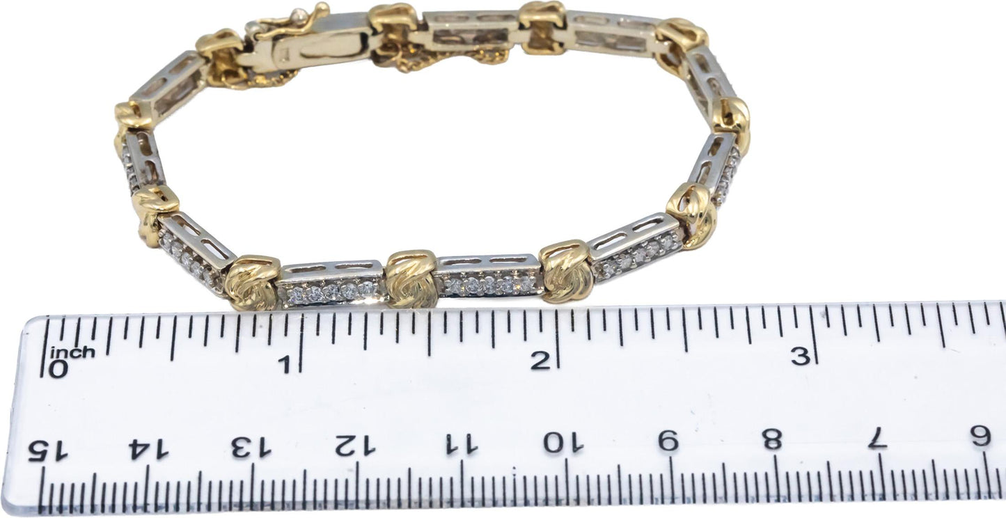 14k White and Yellow Gold Round Diamond Fancy Link Tennis Bracelet 1.0CT