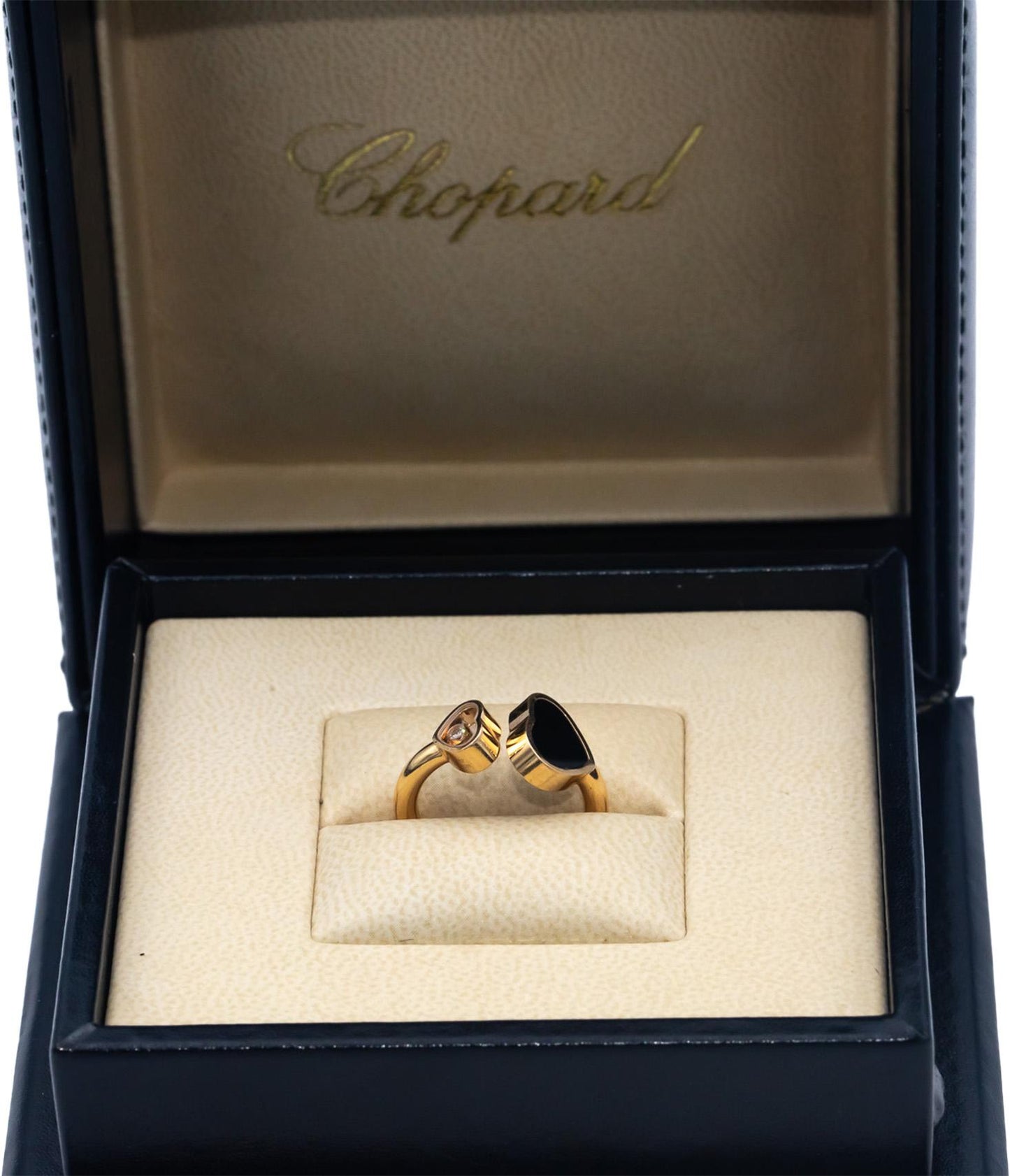 CHOPARD Happy Hearts 18k Rose Gold 0.04CT Diamond and Onyx Ring Size 5.25