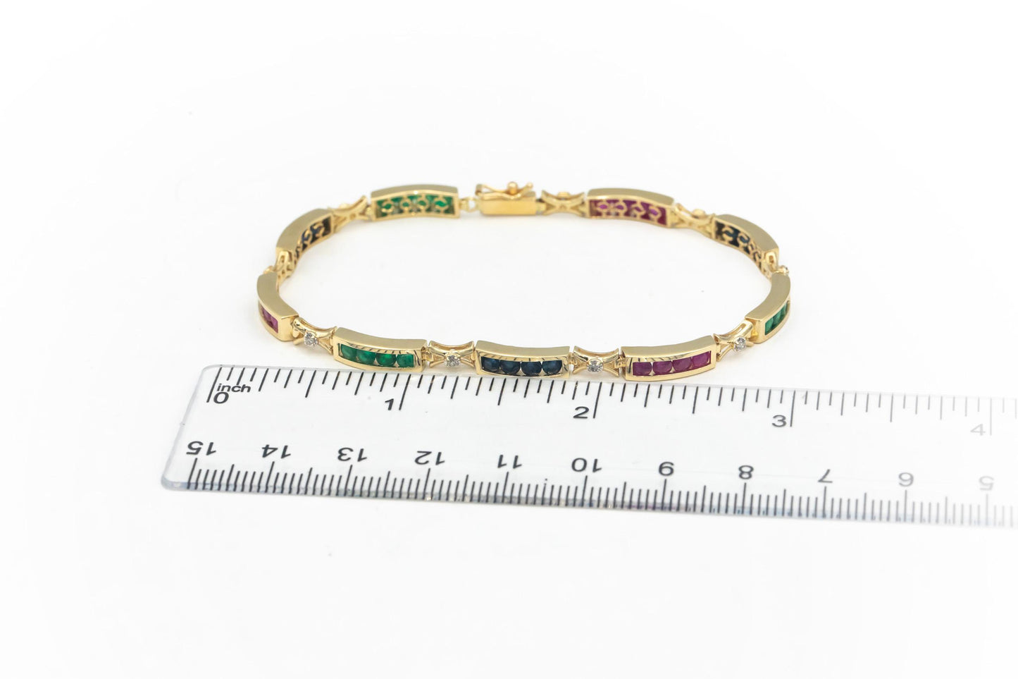 14k Yellow Gold Diamond Emerald Ruby Sapphire Fancy Line Bracelet 2.85CT
