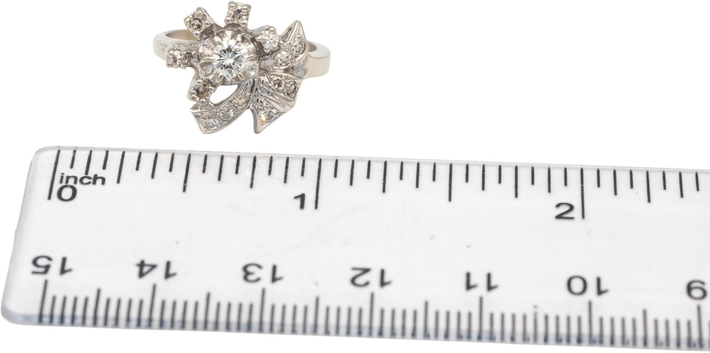 Antique Vintage 14k White Gold VS Diamond Ribbon Cocktail Ring 0.40CT Size 4.5