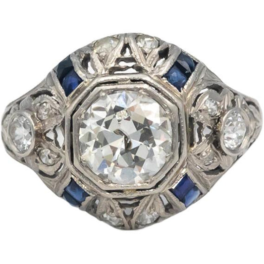 Vintage Antique Platinum Diamond Synthetic Sapphire Filigree Ring 1.65CT Size 5