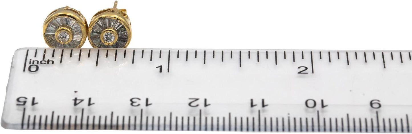 14k Yellow Gold Round & Baguette Cut Diamond Stud Earrings 0.75CT