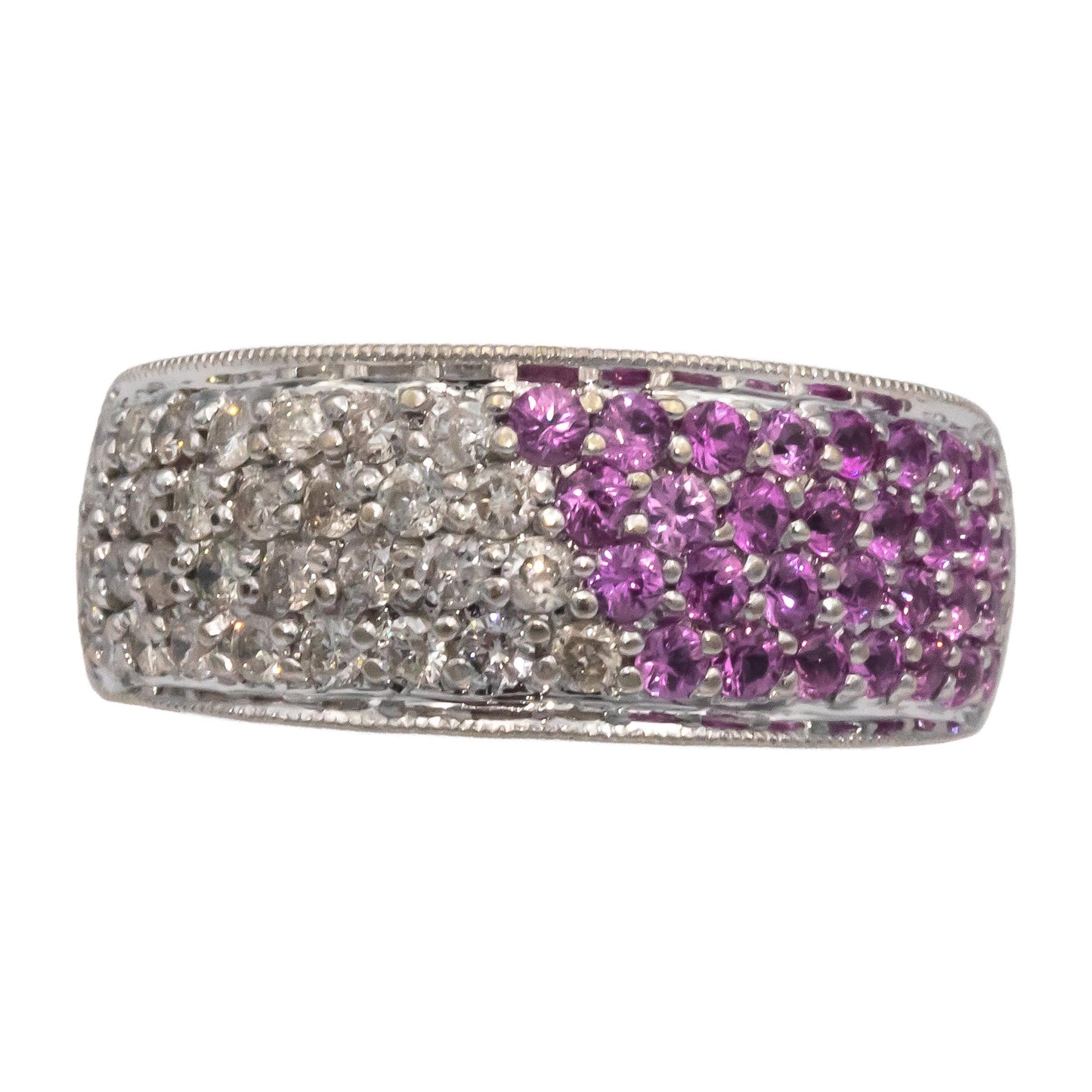 14k White Gold 1.15CT Diamond and Pink Sapphire Pave Band Ring Size 6.5