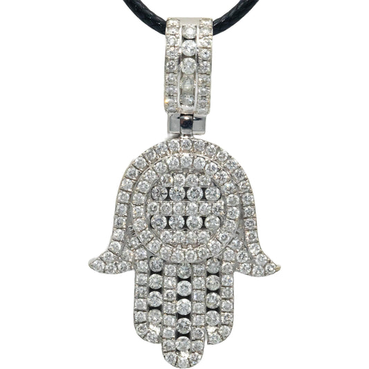 14k White Gold VS Round Diamond Cluster Hamsa Hand Pendant Necklace 3.0CT