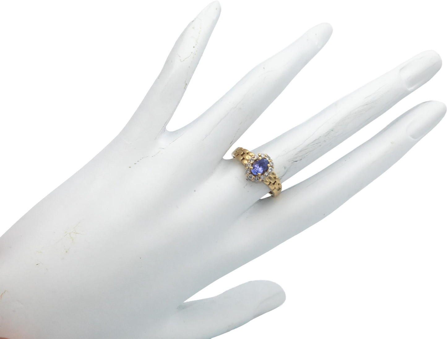 14k Yellow Gold Round Diamond & Oval Cut Tanzanite Halo Ring 0.50CT Size 6.5