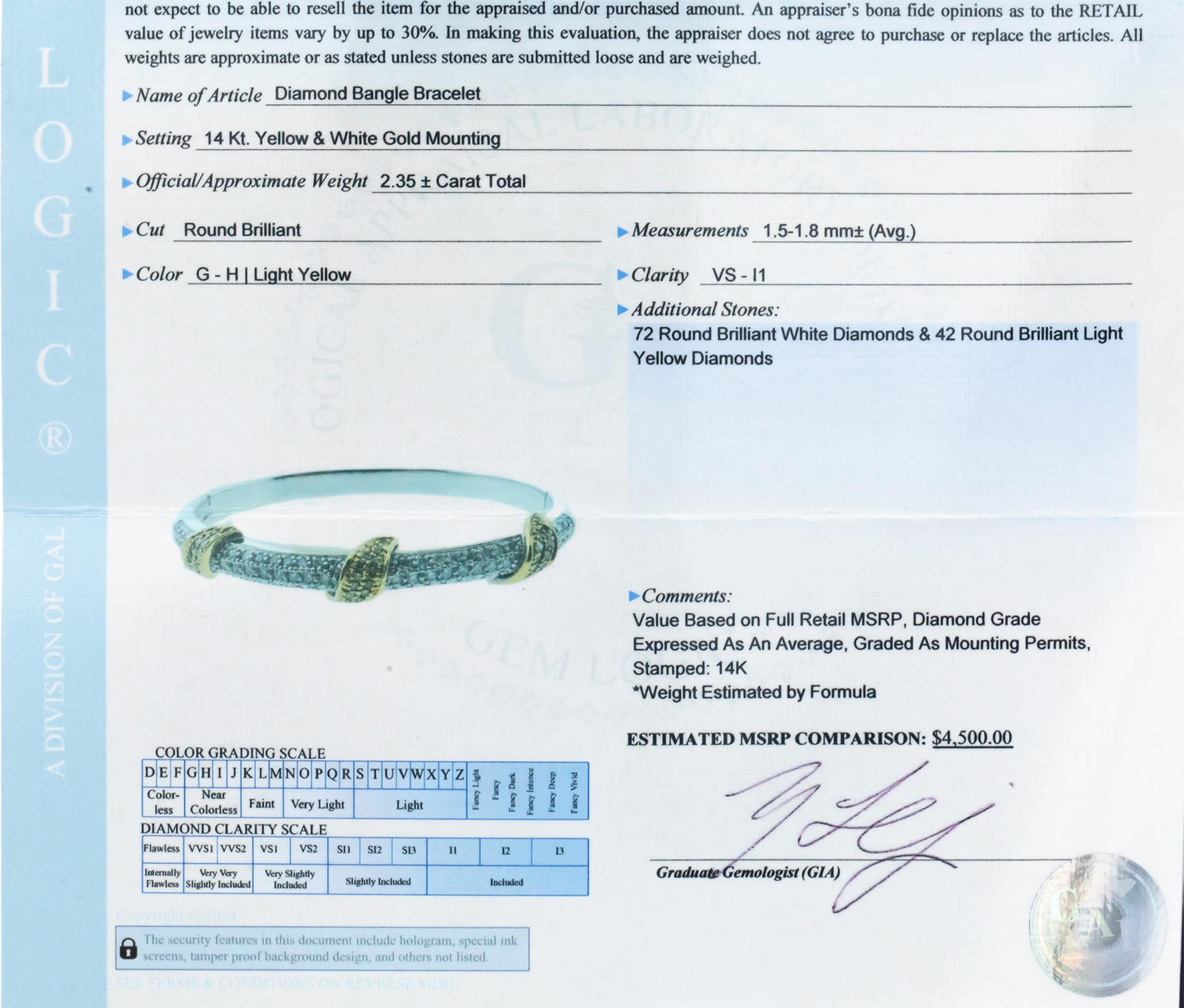 GAL Certified 14k White Yellow Gold White Yellow Diamond Bangle Bracelet 2.35CT