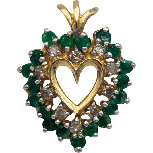 14k Yellow Gold 0.85CT Diamond and Emerald Cluster Heart Pendant