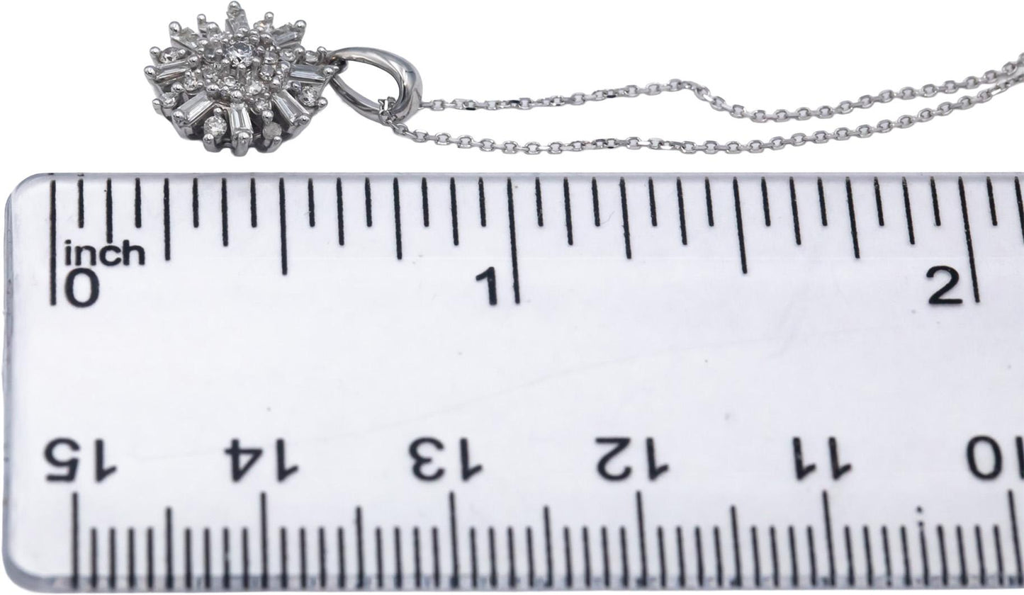 10k White Gold Round & Baguette Cut Diamond Sunburst Pendant Necklace 0.25CT