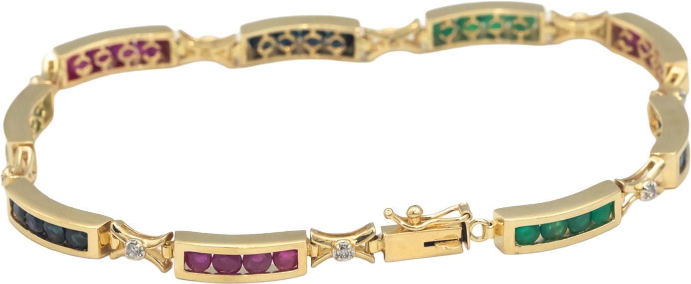 14k Yellow Gold 2.85CT Diamond Emerald Ruby Sapphire Fancy Line Bracelet