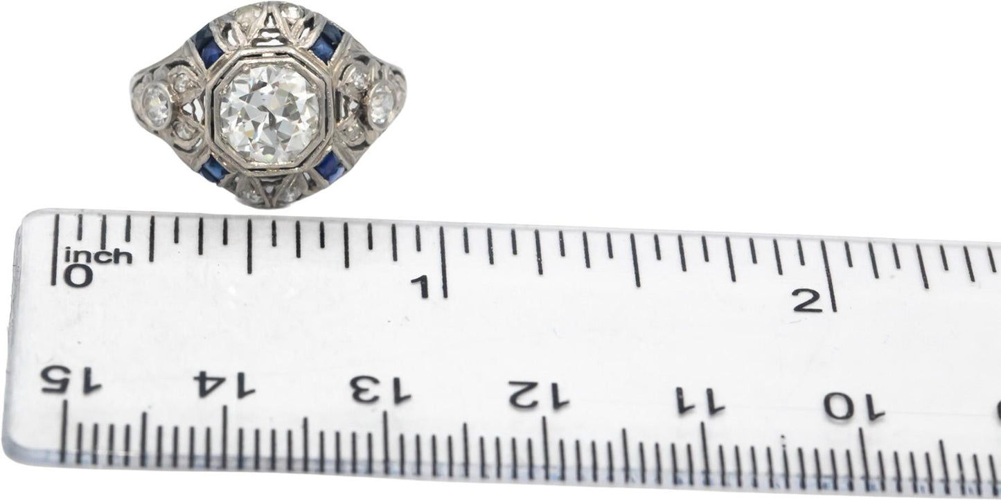 Vintage Antique Platinum Diamond Synthetic Sapphire Filigree Ring 1.65CT Size 5