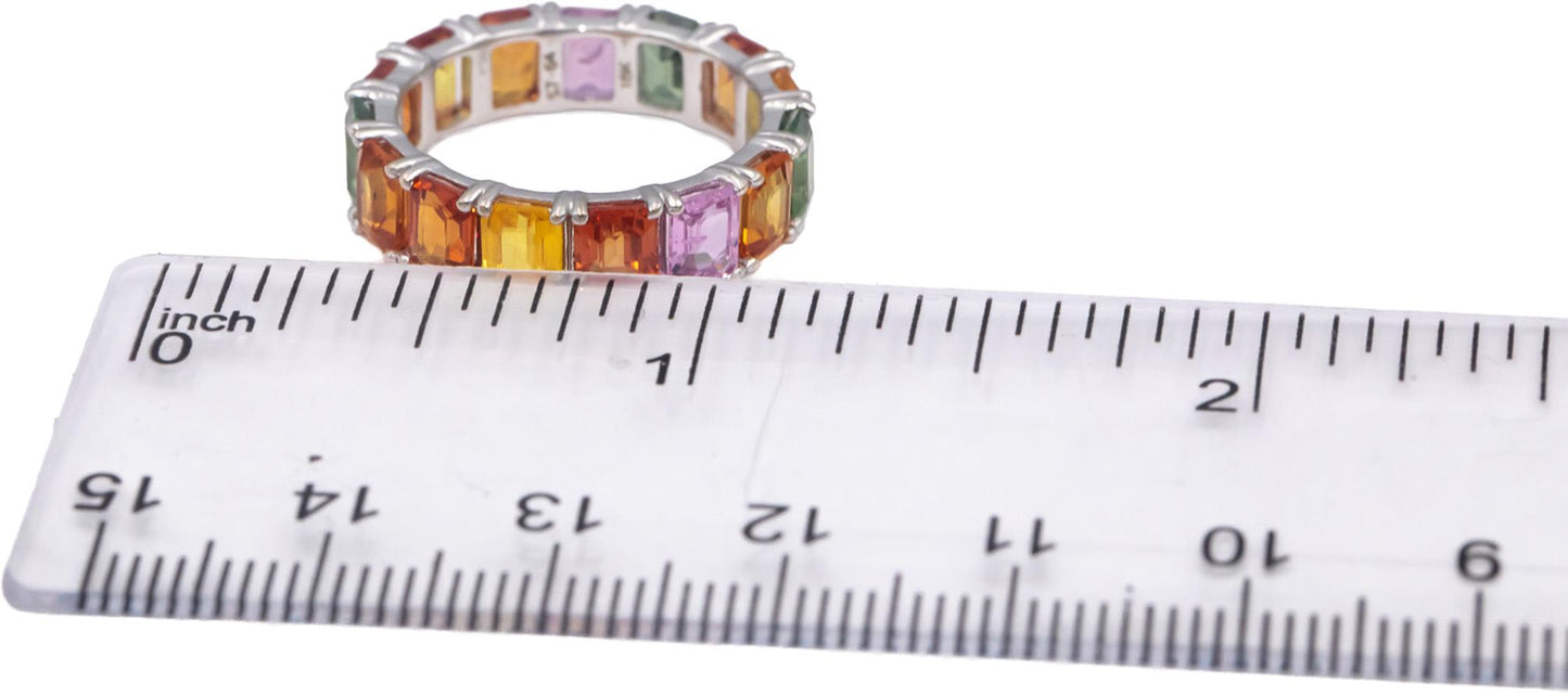 18k White Gold Emerald Cut Rainbow Sapphire Eternity Band Ring 7.50CTW Size 6.75