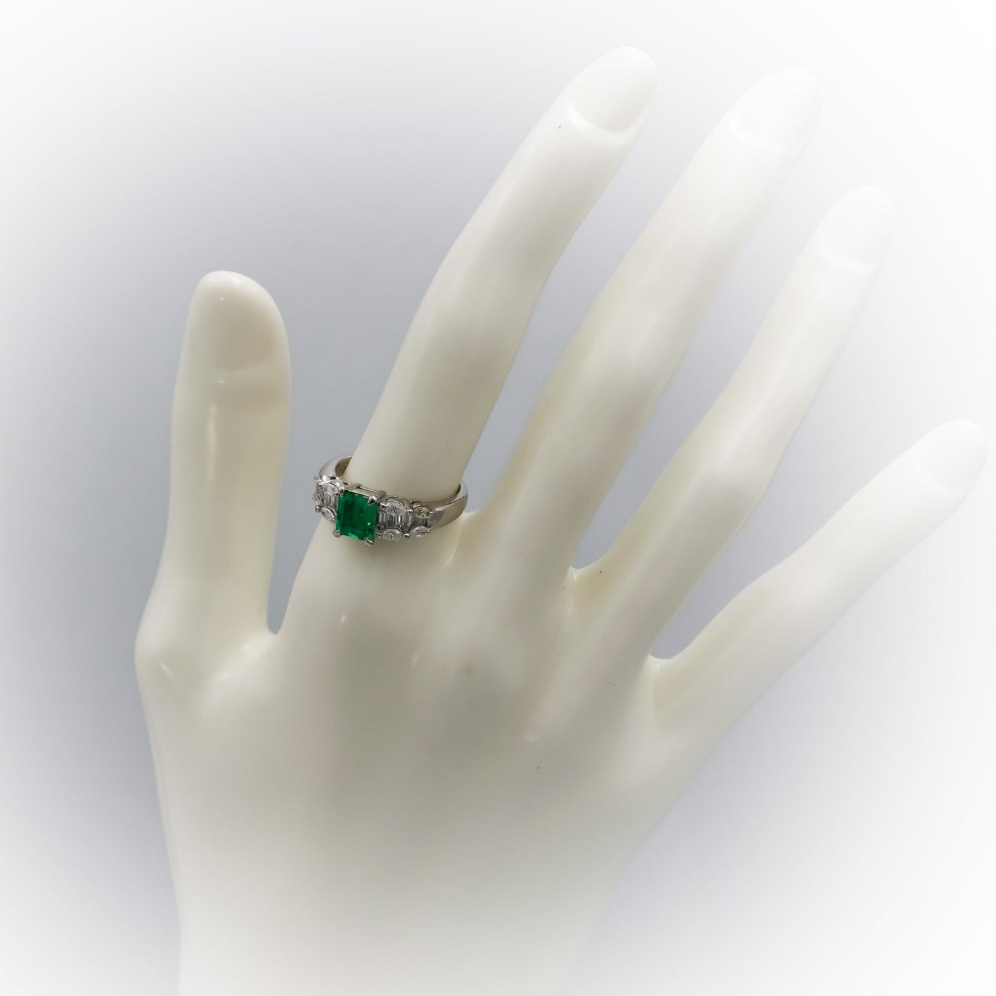 Platinum Baguette Marquise Diamond and Oval Emerald Cocktail Ring 1.30CT Sz 6.5