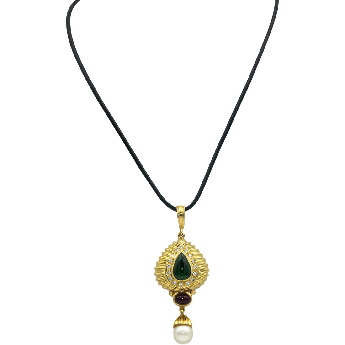 18k Yellow Gold 0.33CT Diamond Tourmaline 8.3mm Pearl Pendant Necklace