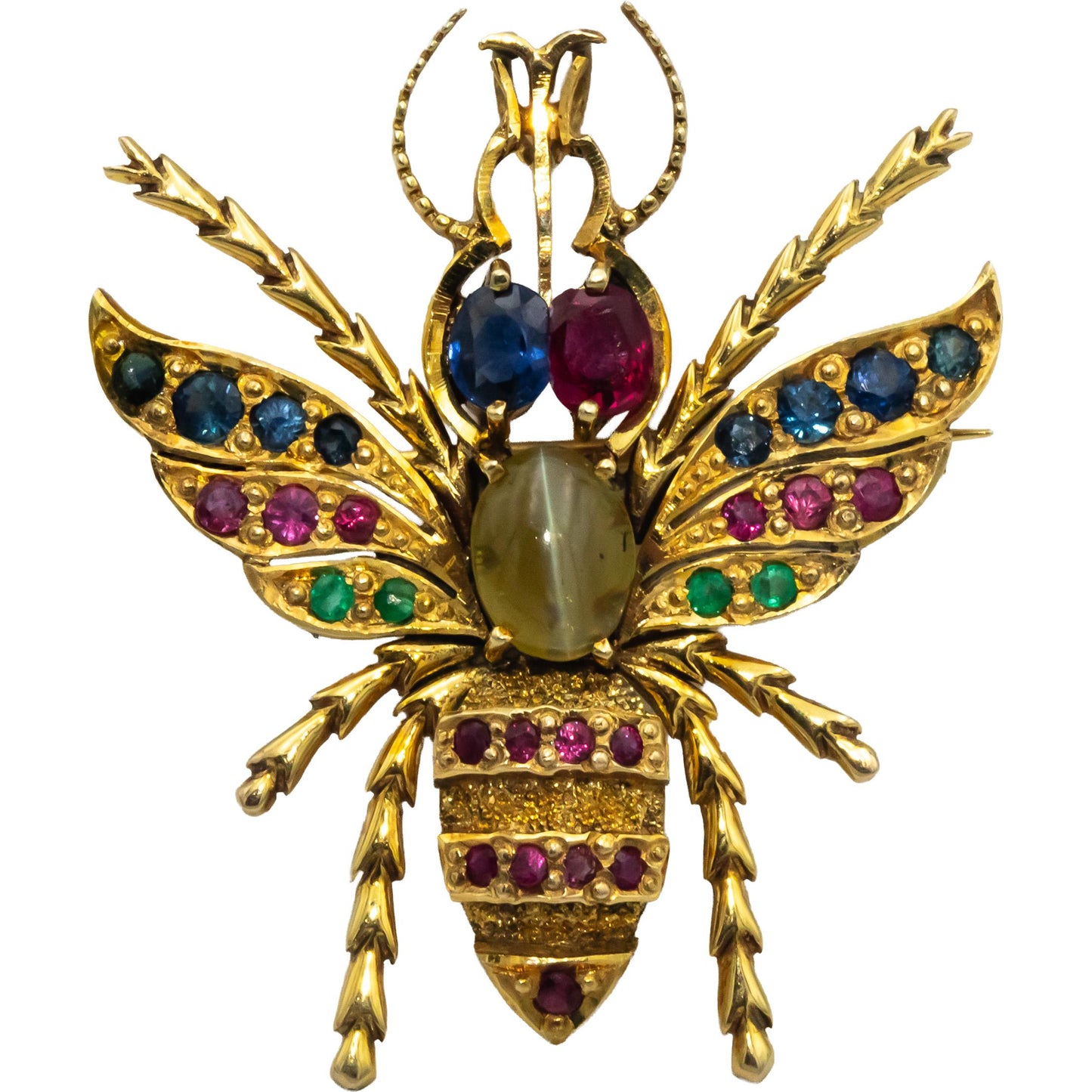 14k Yellow Gold Cats Eye Ruby Emerald Sapphire Fly Insect Pendant Brooch Pin