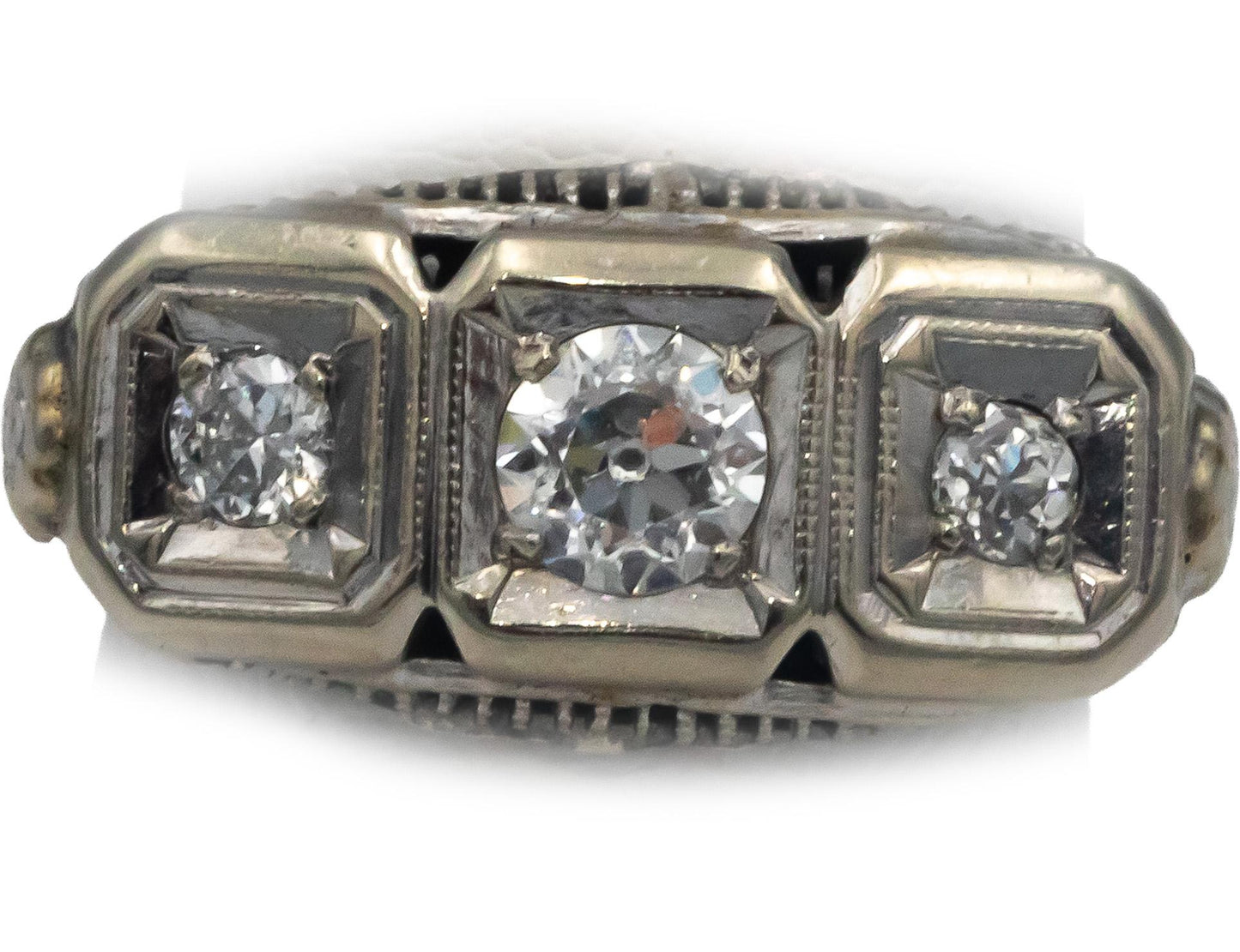 Vintage Antique 10k White Gold 0.35CT Diamond Filigree Ring w/ 0.25 Center