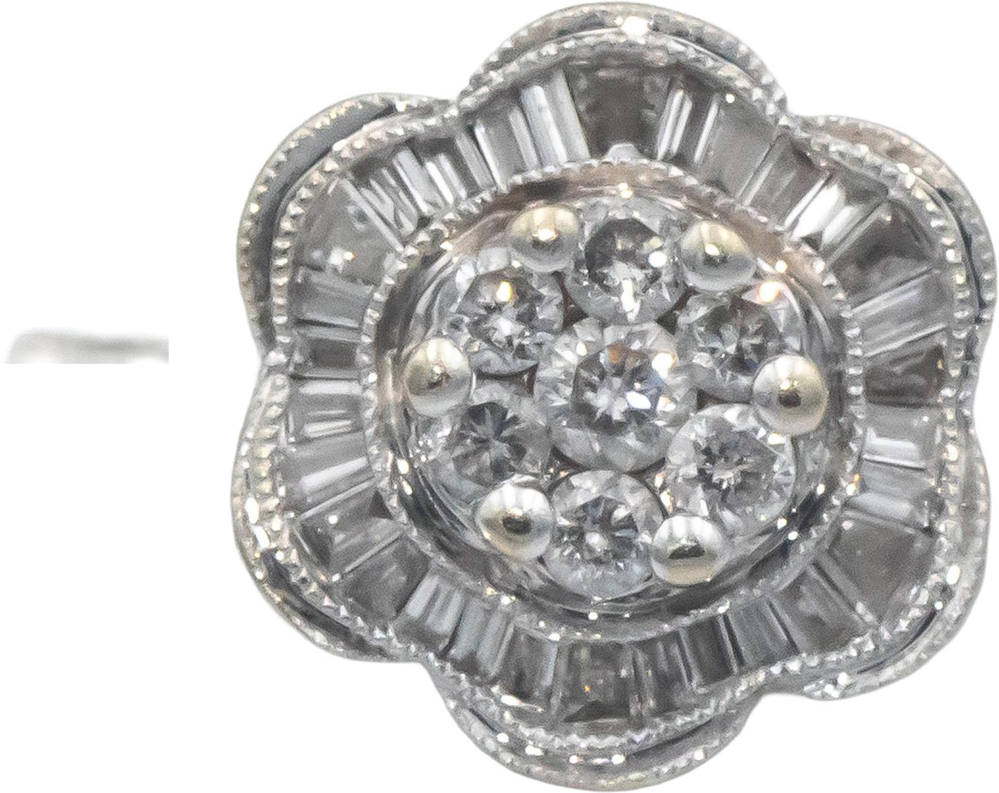 14k White Gold 0.50CT Round and Baguette Cut Diamond Floral Ring Size 6