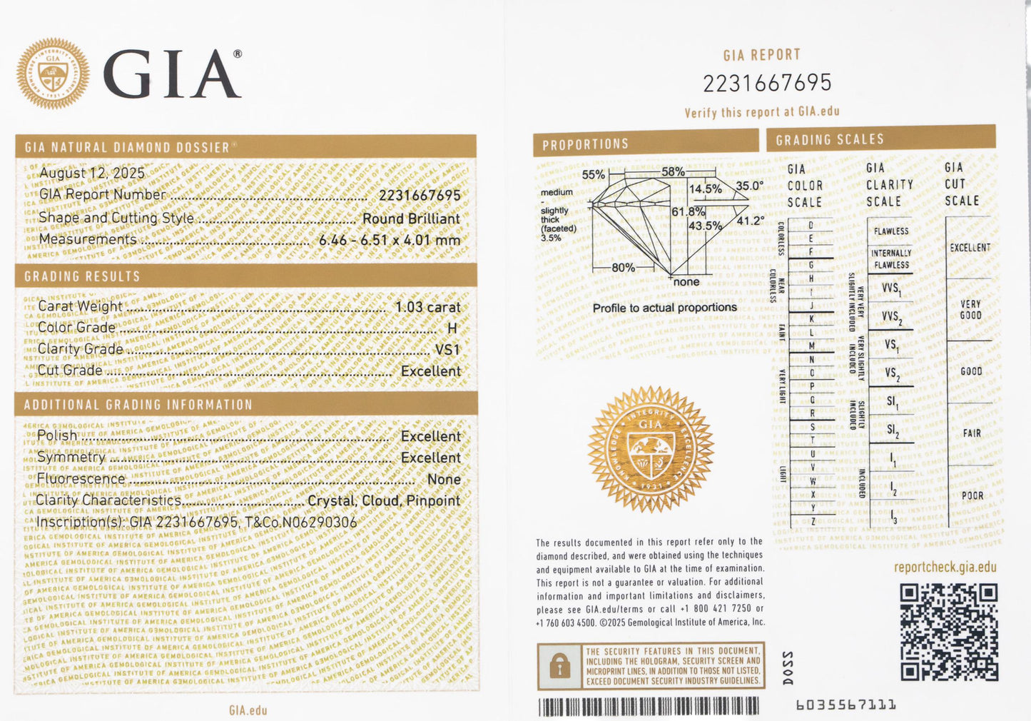 GIA Certified TIFFANY & CO. Platinum H/VS1 Round Diamond Engagement Ring 1.03CT