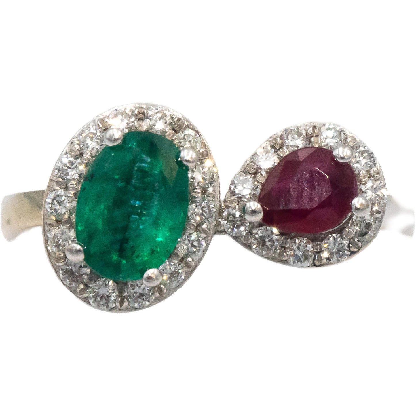 Diamond Emerald Ruby 18k White Gold Double Halo Ring 1.25CT Size 6