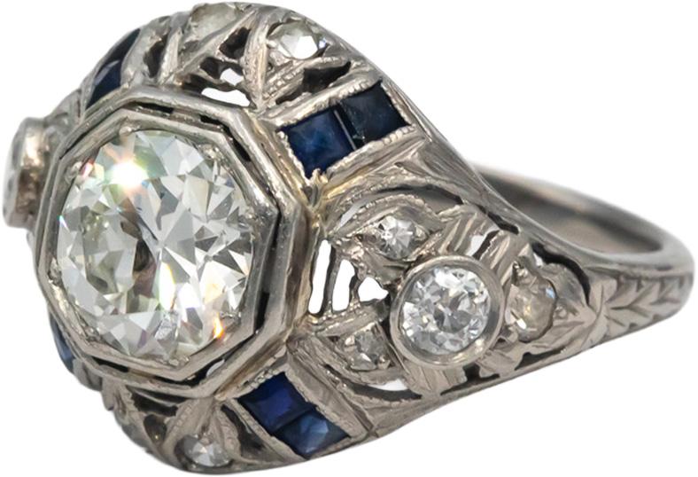 Vintage Antique Platinum Diamond Synthetic Sapphire Filigree Ring 1.65CT Size 5
