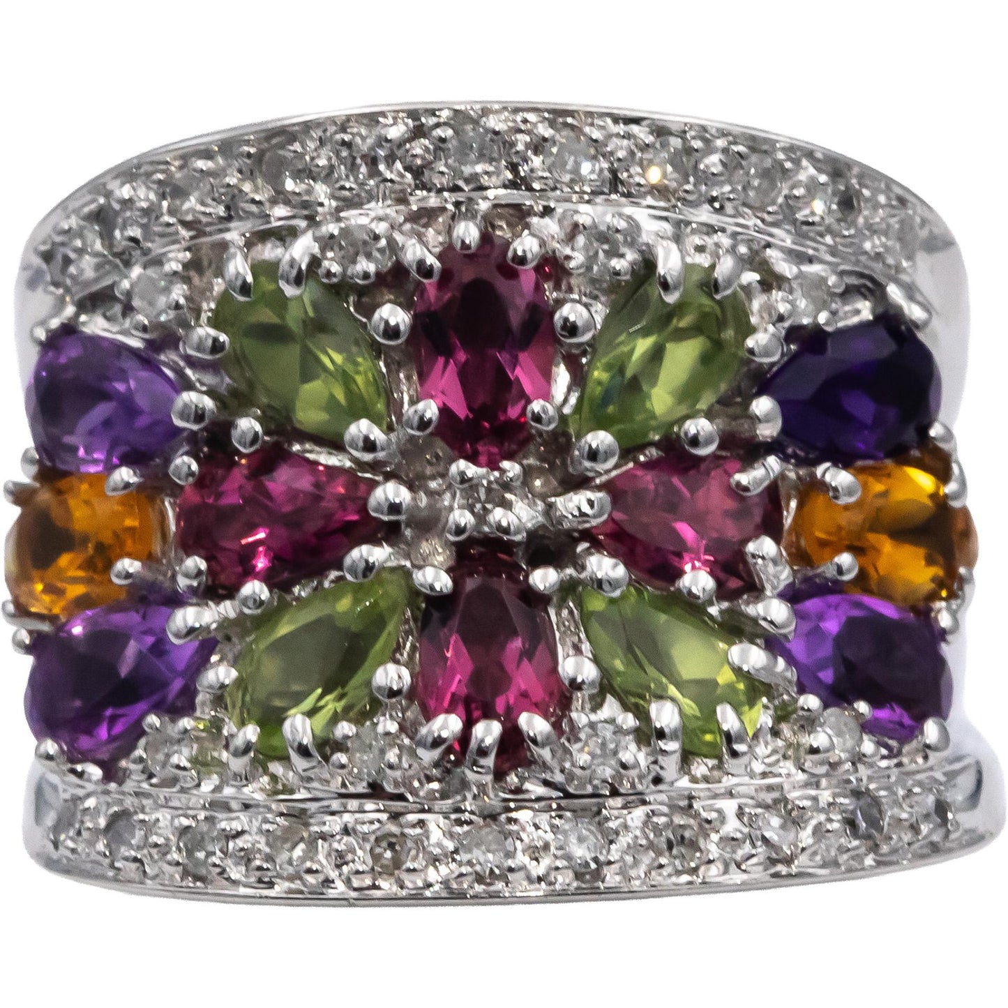 14k White Gold Diamond & Rainbow Gemstone Cluster Cocktail Ring 3.33CT Size 5.25