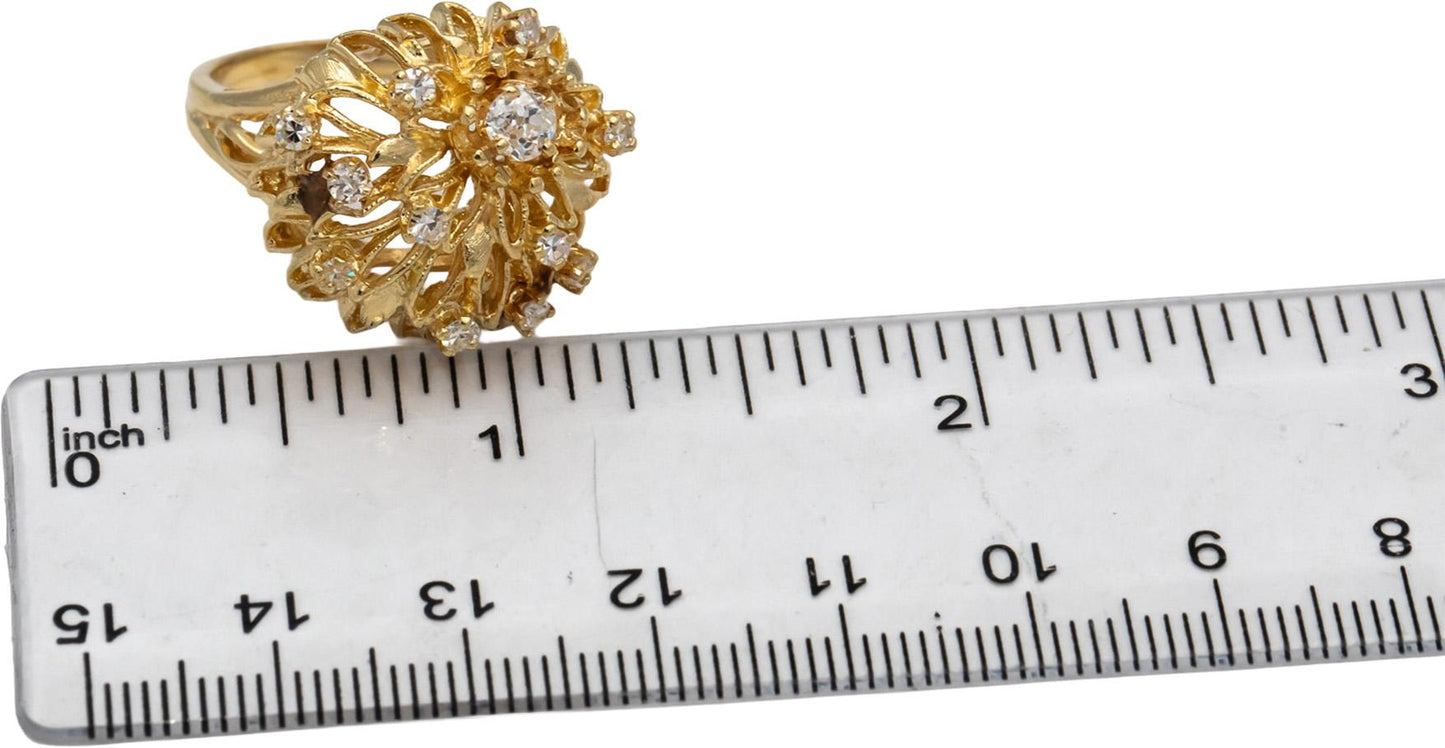 Vintage 14k Yellow Gold Diamond Cocktail Ring 0.60CT w/ 0.30CT Center Size 7.5