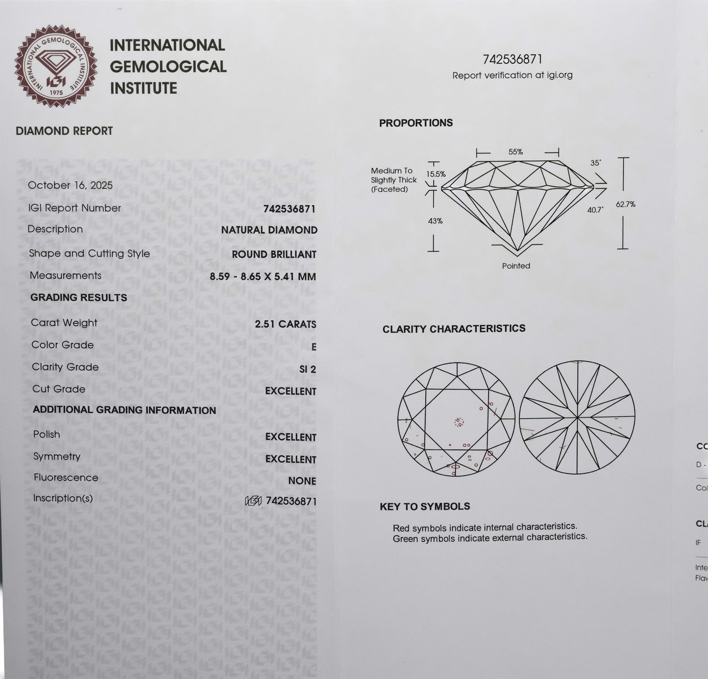 IGI Certified SI2/E Round Cut Natural Diamond Loose Stone 2.51CT