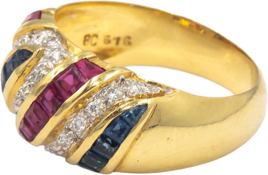 KALATI 18k Yellow Gold 1.10CT Diamond Ruby Sapphire Band Ring Size 7