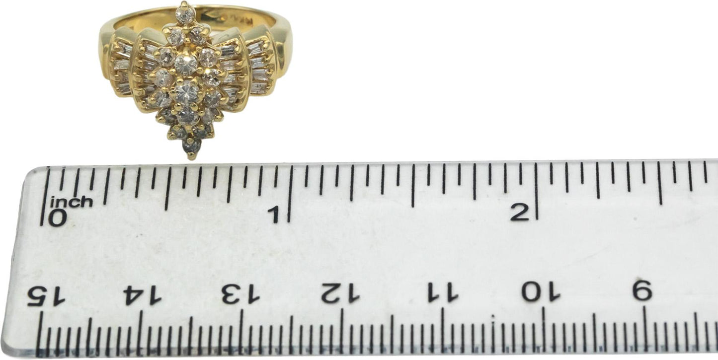 14k Yellow Gold Round and Baguette Diamond Cluster Cocktail Ring 0.50CT Size 7