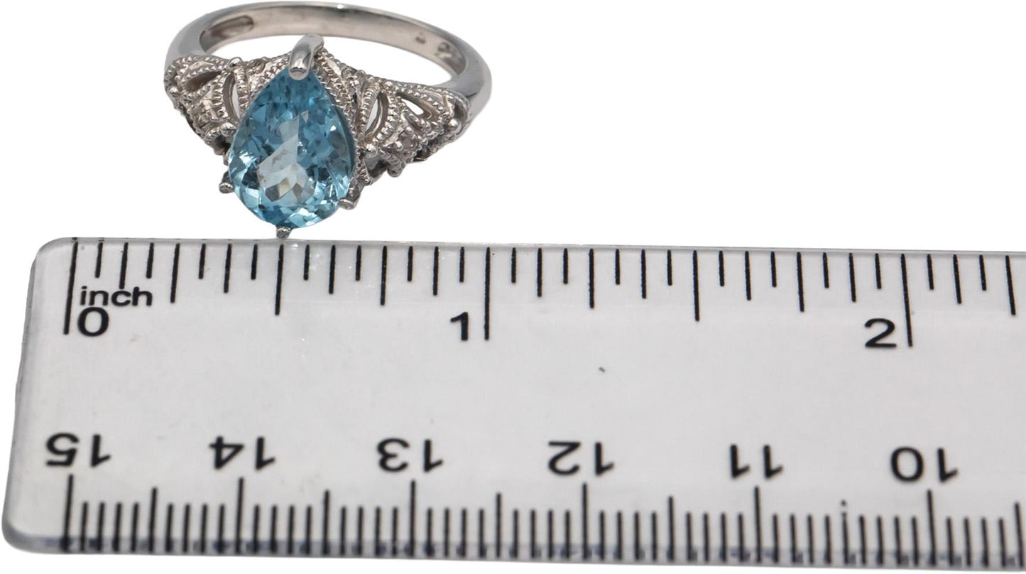 14k White Gold Jewelry 2.02CT Diamond and Aquamarine Filigree Ring Size 6.5