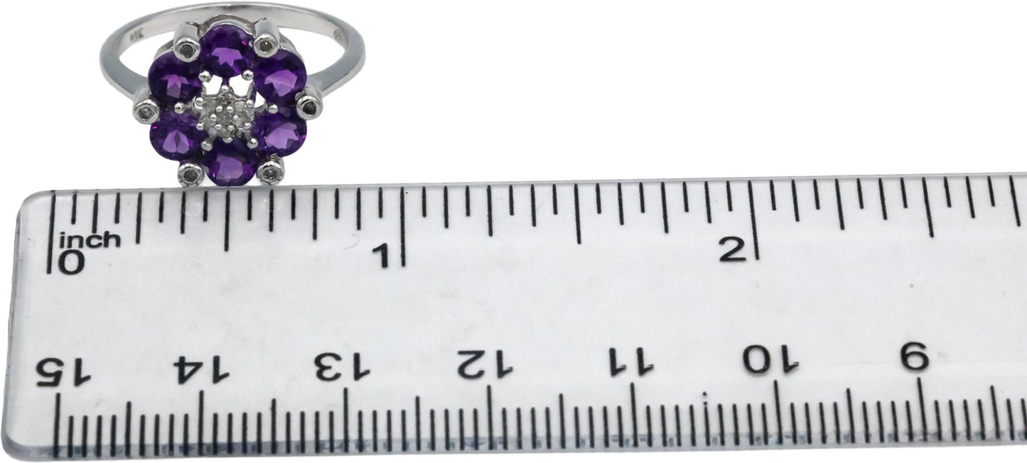 10k White Gold Round Diamond and Amethyst Flower Cocktail Ring 1.25CT Size 7