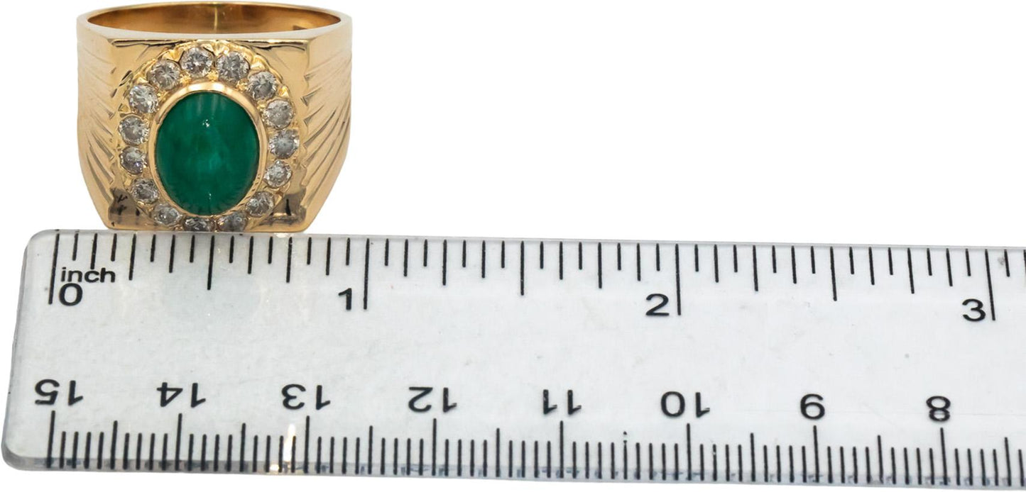 18k Yellow Gold Round Diamond and Cabochon Emerald Men's Ring 3.0CT Size 11