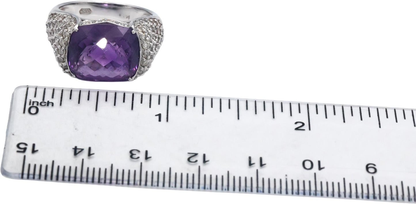 14k White Gold Diamond and Amethyst Cluster Pave Cocktail Ring 6.0CT Size 7